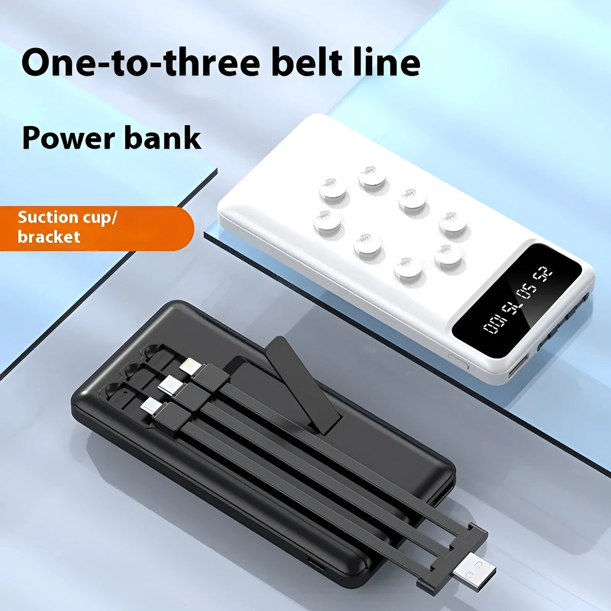 Suction cup power bank 10000mAh with removable bracket and detachable cable, black or white PC ABS, 142 x 68 x 19mm