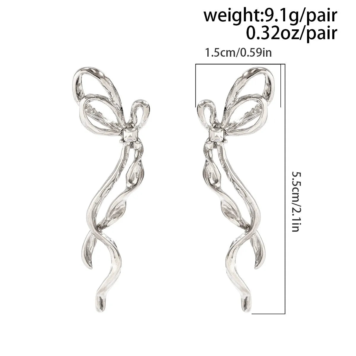 Bowknot earrings for women, alloy with electroplated White K finish, stud style, approximately 2.5cm width