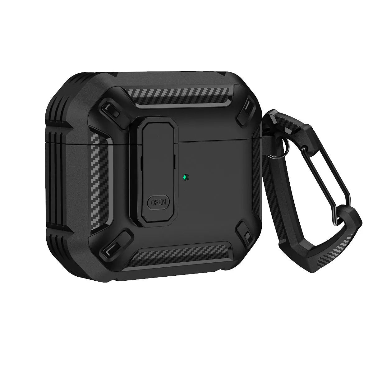 AirPods plastic clamshell protective case in a two-colour design with an attached metal carrying hook
