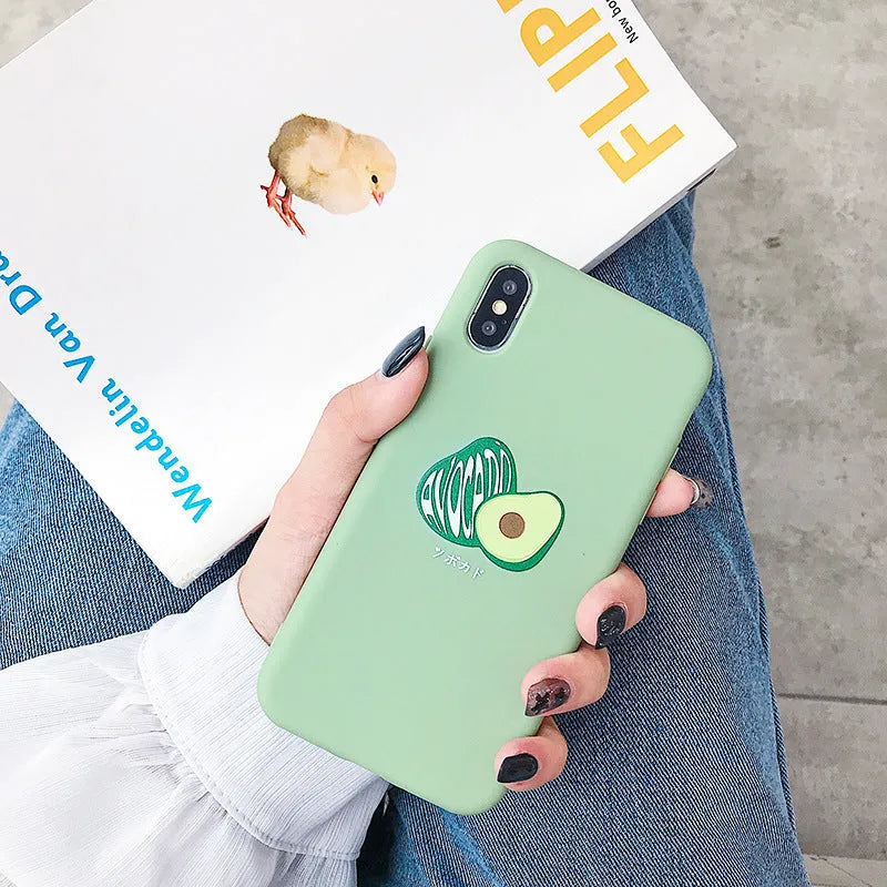 Colourful cartoon avocado design on a flexible TPU phone case for iPhone.