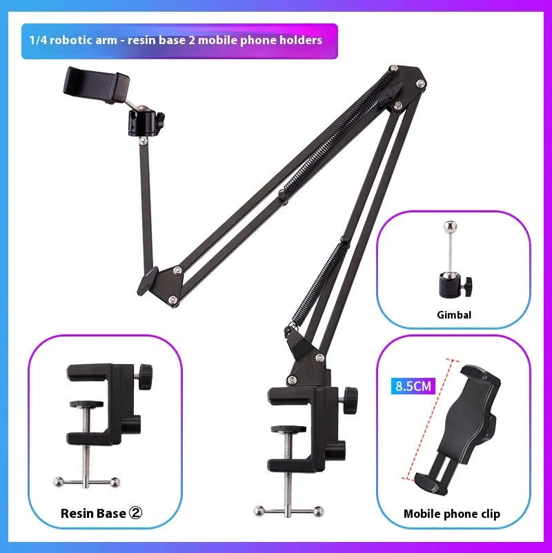 Black foldable metal desktop cantilever bracket holding tablet with adjustable arms