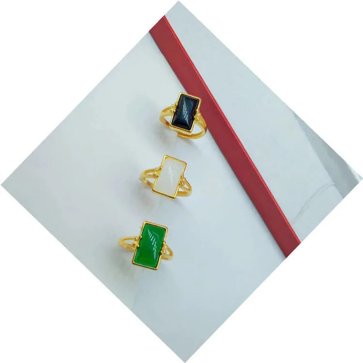 Adjustable brass gold-plated live ring with inlaid gemstone in national style design