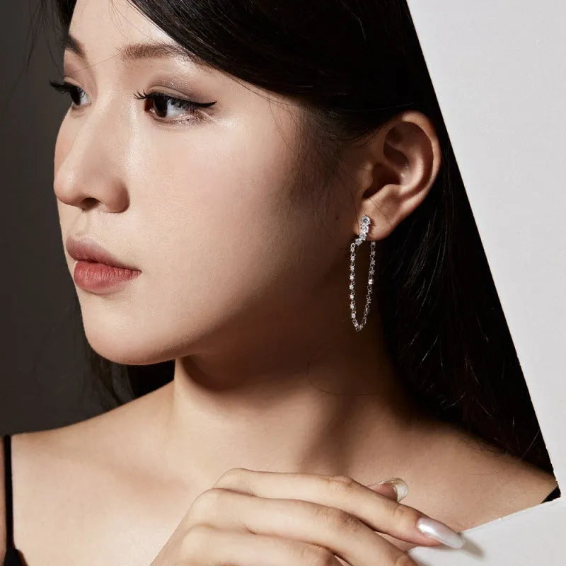 Women's 925 silver rhinestone zircon chain stud earrings 4x10.5mm electroplated finish on white background