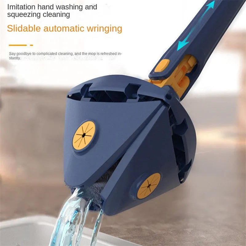 Blue triangle mop with rotating head on an extendable stainless steel pole for cleaning floors and walls.