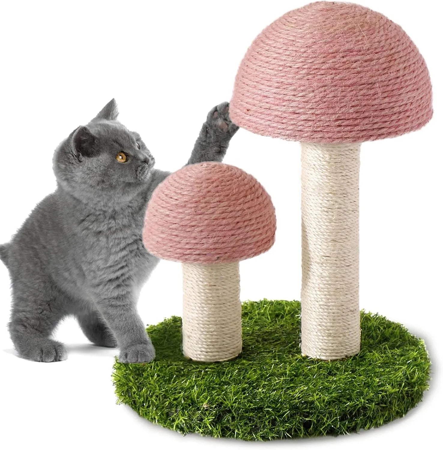Pink mushroom-shaped cat scratching post with natural sisal fibre covering, for kittens and small cats.