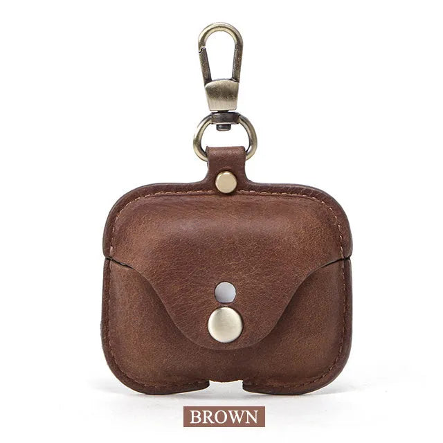 Brown leather AirPods Pro case with crazy horse pattern in clamshell vintage design