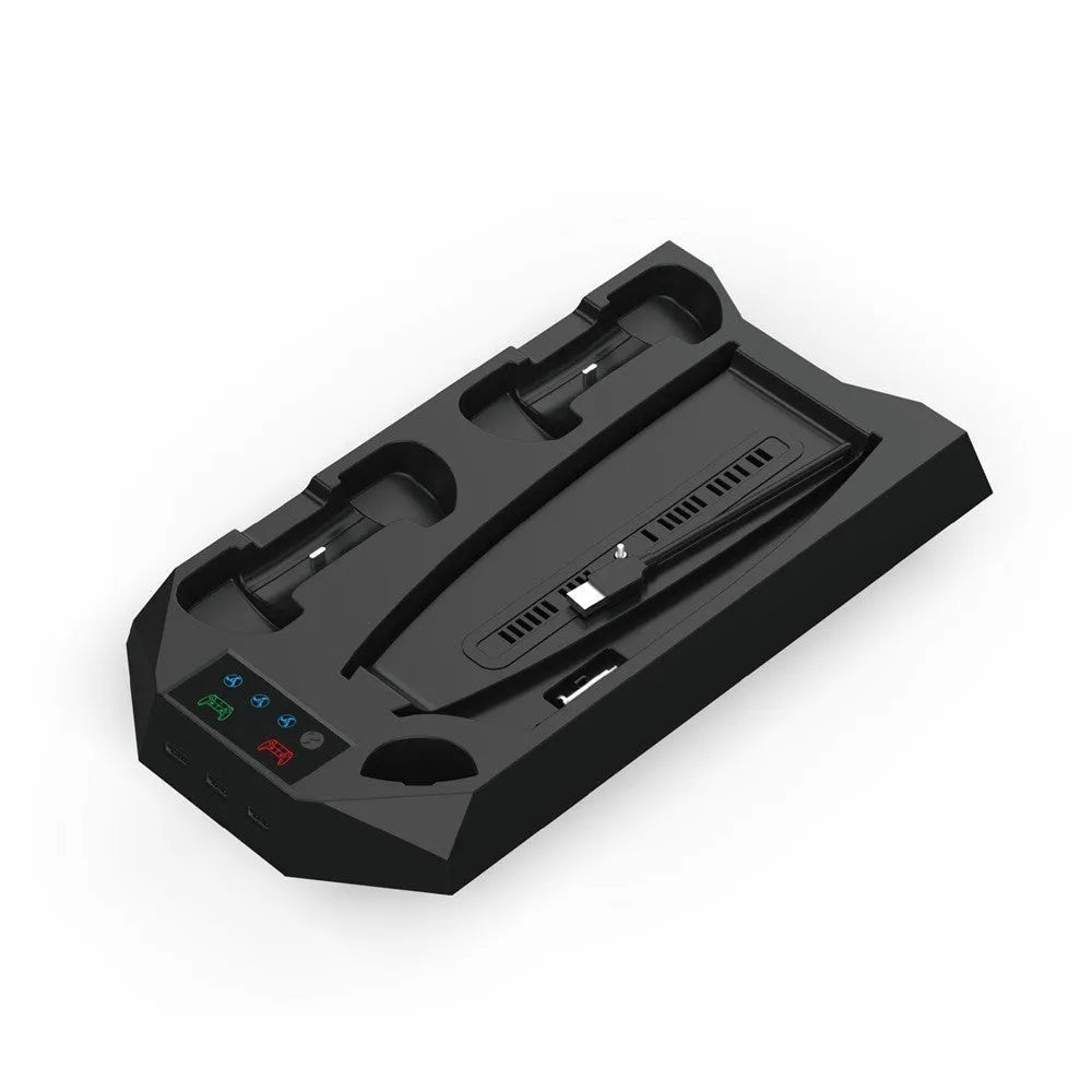 White PS5 charging and cooling dock station with two controllers on charge and headset on hook