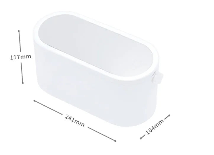 Portable LED mirror makeup organiser box with touch light, rotatable bracket, and soft handle in white