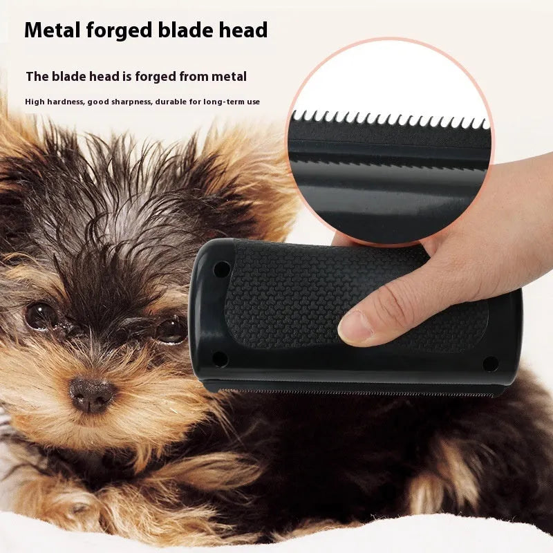 Black PP pet hair removal comb for dogs, 68x146mm, on a light background