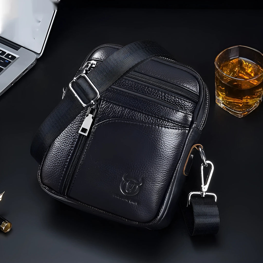 Black genuine leather mens shoulder messenger bag with retro styling