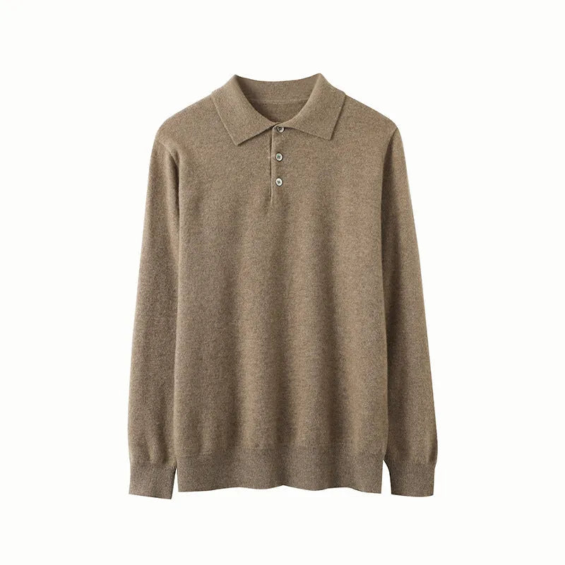 Men's loose fit cashmere pullover sweater with a polo collar in sapphire blue colour.