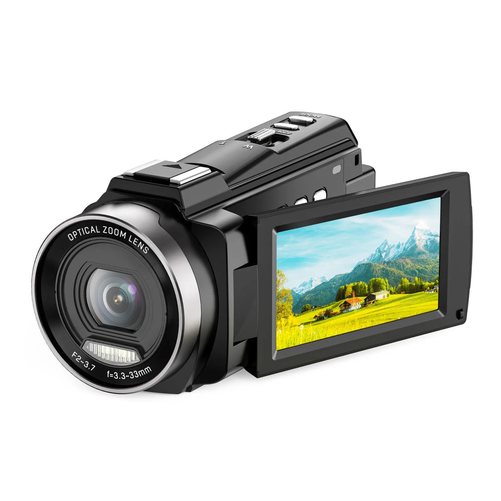 HD digital optical zoom camera in black with 3x zoom lens and 3.0 inch touchscreen LCD