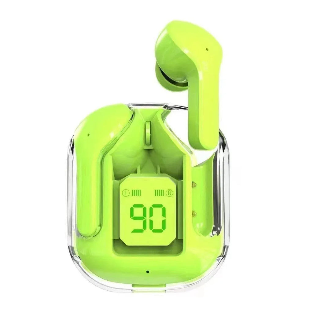 Transparent space capsule case true wireless Bluetooth headset showing internal components