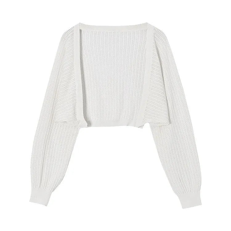 Women's white linen-look blouse with lantern sleeves and hollow-out detail, long sleeve