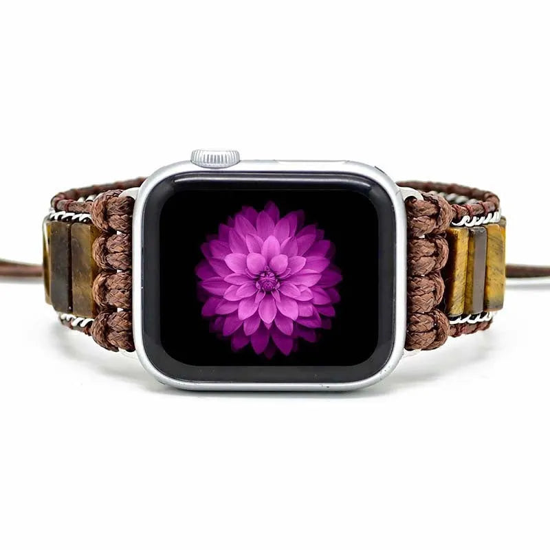 Rectangular tiger eye stone chain watch strap on adjustable textile band for men's watches