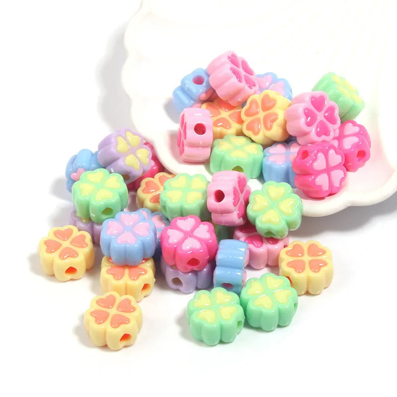 15mm frosted acrylic four-leaf clover beads with love pattern in mixed colours for crafts