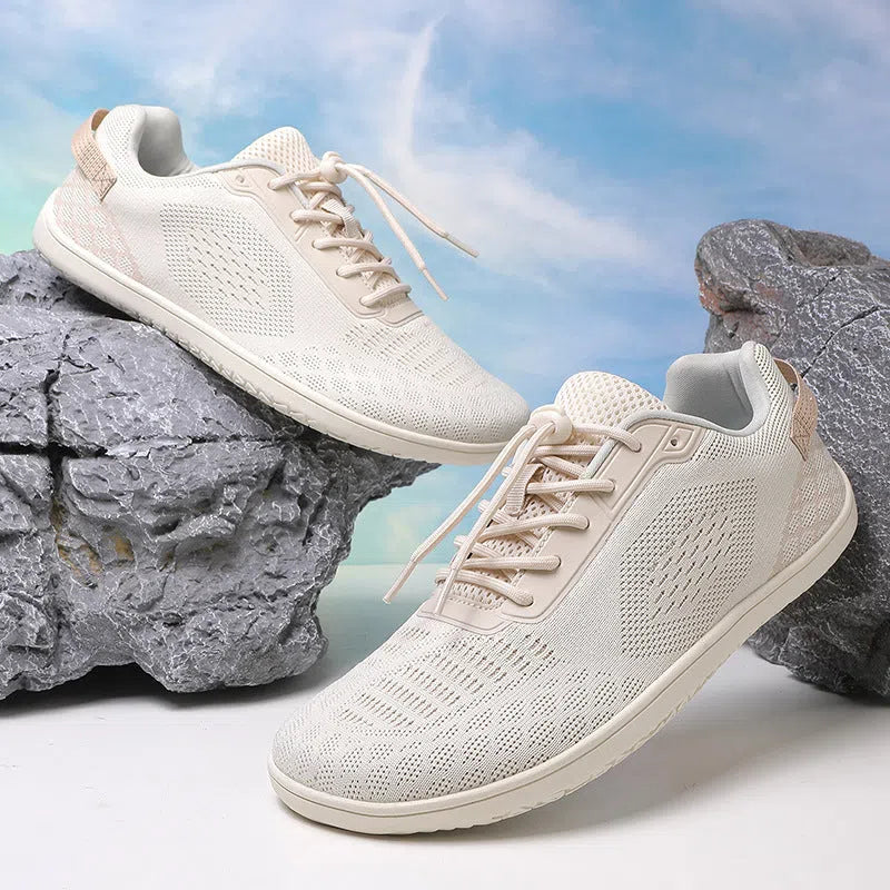 Extra wide barefoot shoes for couples with wide toe box, non-slip rubber outsole, and fly woven cotton upper in beige