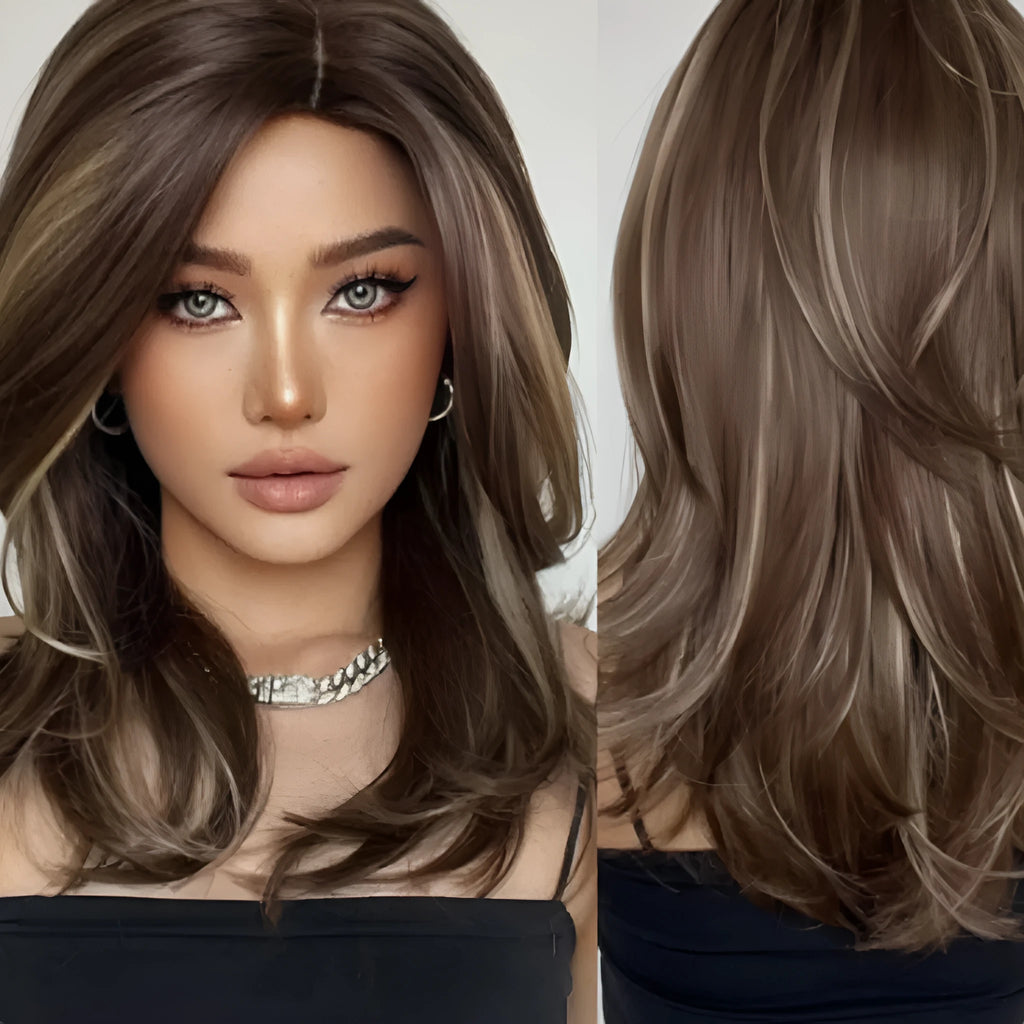 Mid-length curly full-head wig in platinum gradient colour with long bangs
