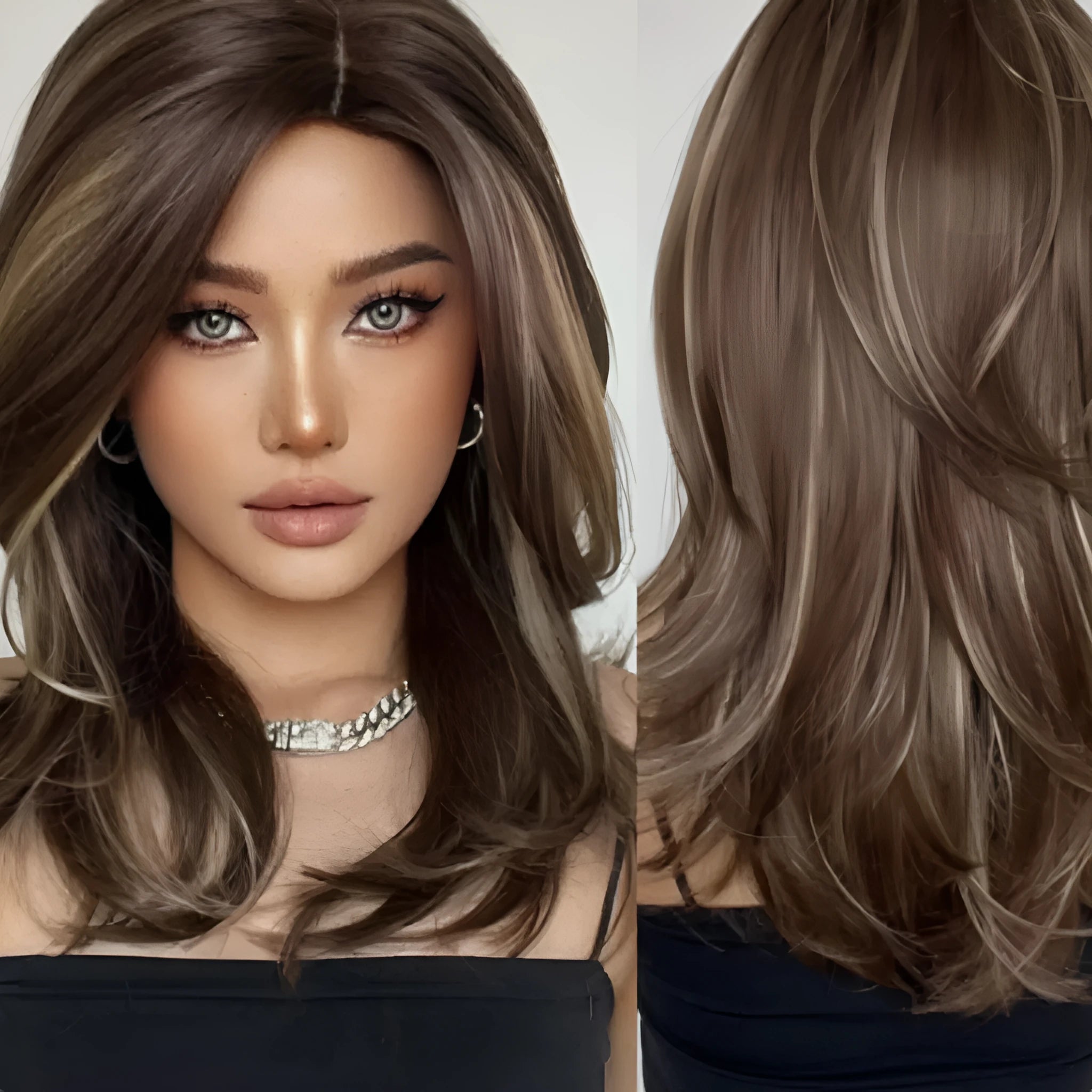 Mid-length curly full-head wig in platinum gradient colour with long bangs
