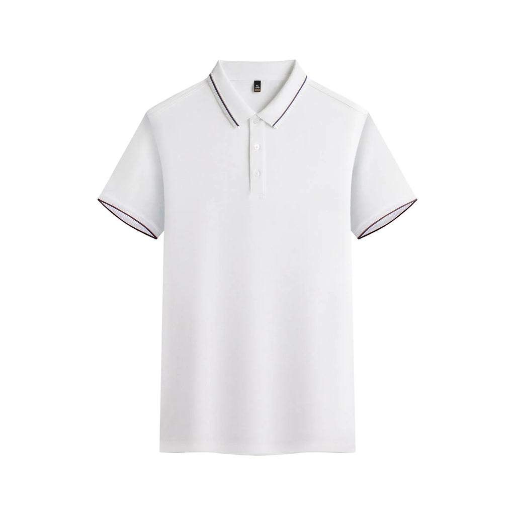 Men's navy blue quick-dry polyester polo shirt with short sleeves on hanger