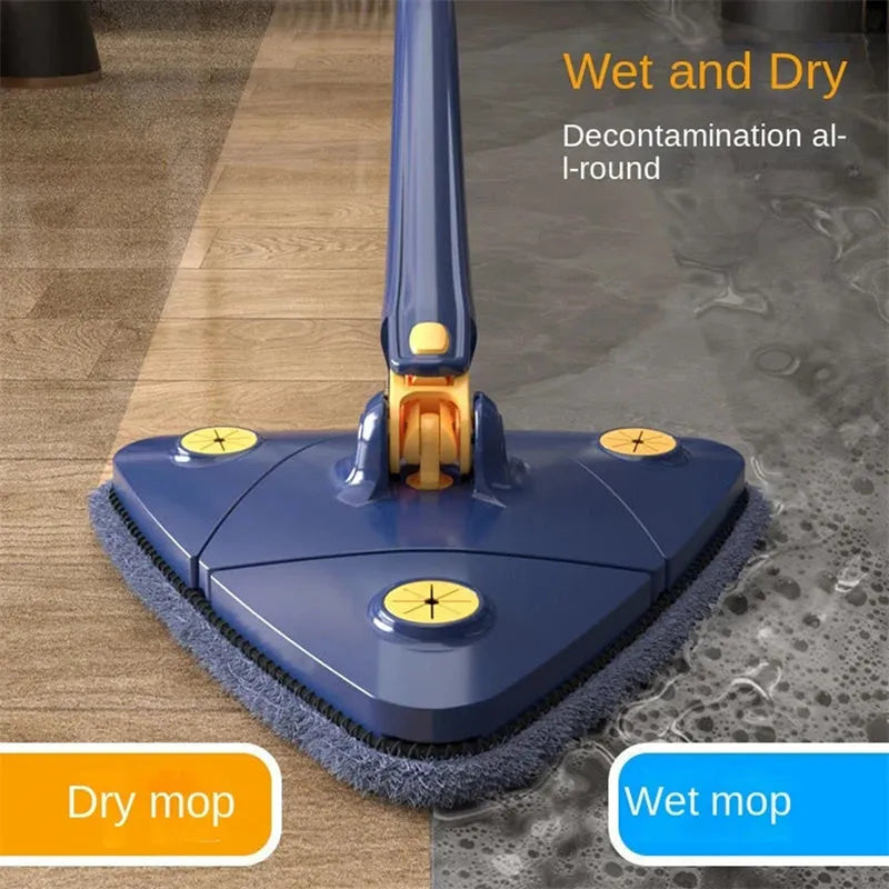 Blue triangle mop with rotating head on an extendable stainless steel pole for cleaning floors and walls.