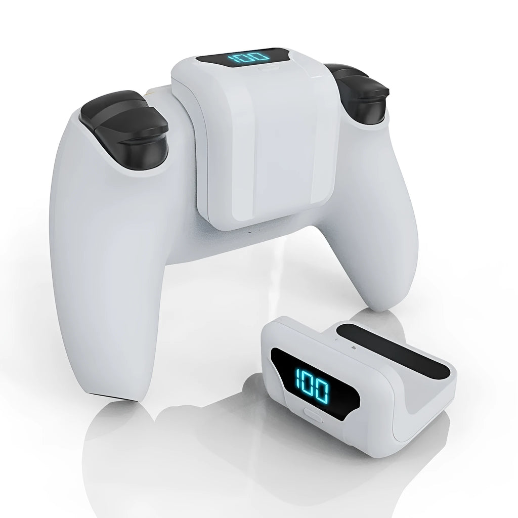PS5 controller with white 1500mAh battery pack attached to back, LED display visible