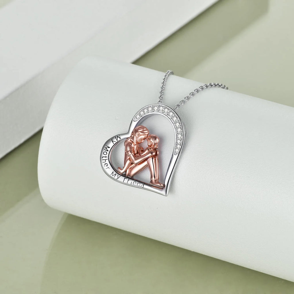 925 sterling silver mother daughter necklace with engraved heart pendant reading My Mother My Friend in silver colour