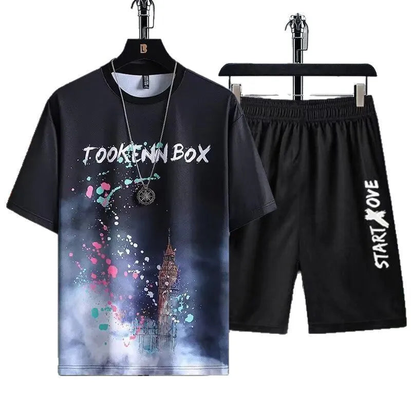 Mens light grey shorts suit with short sleeve top and matching shorts for summer wear