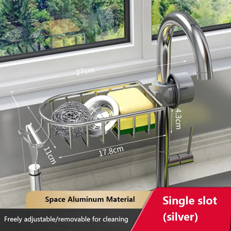 Kitchen faucet rack drain basket in space aluminium, single bar, installed on a silver tap over a sink