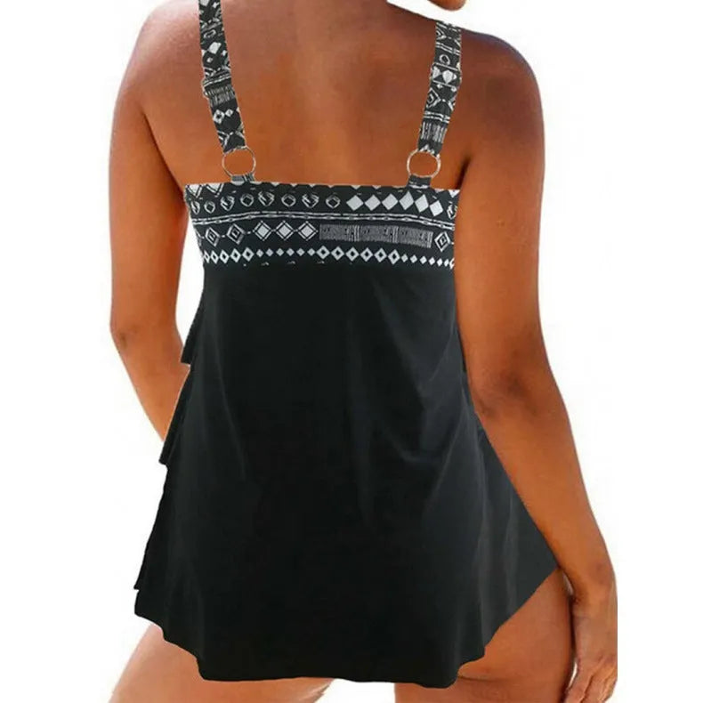 Plus-size women's split swimsuit with double shoulder straps and a front bow.