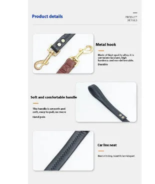 Roran black PU leather pet traction belt with chain ring showing adjustable length options