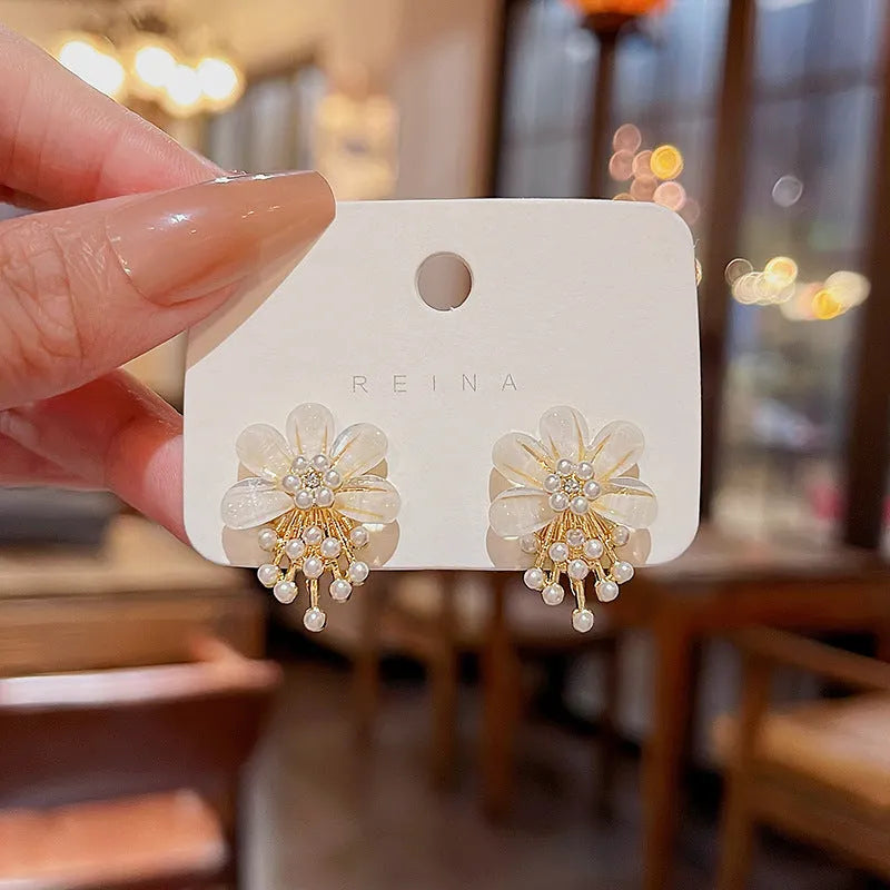 A pair of copper floral earrings with S925 silver needle in A1653 gold colour on a white background.