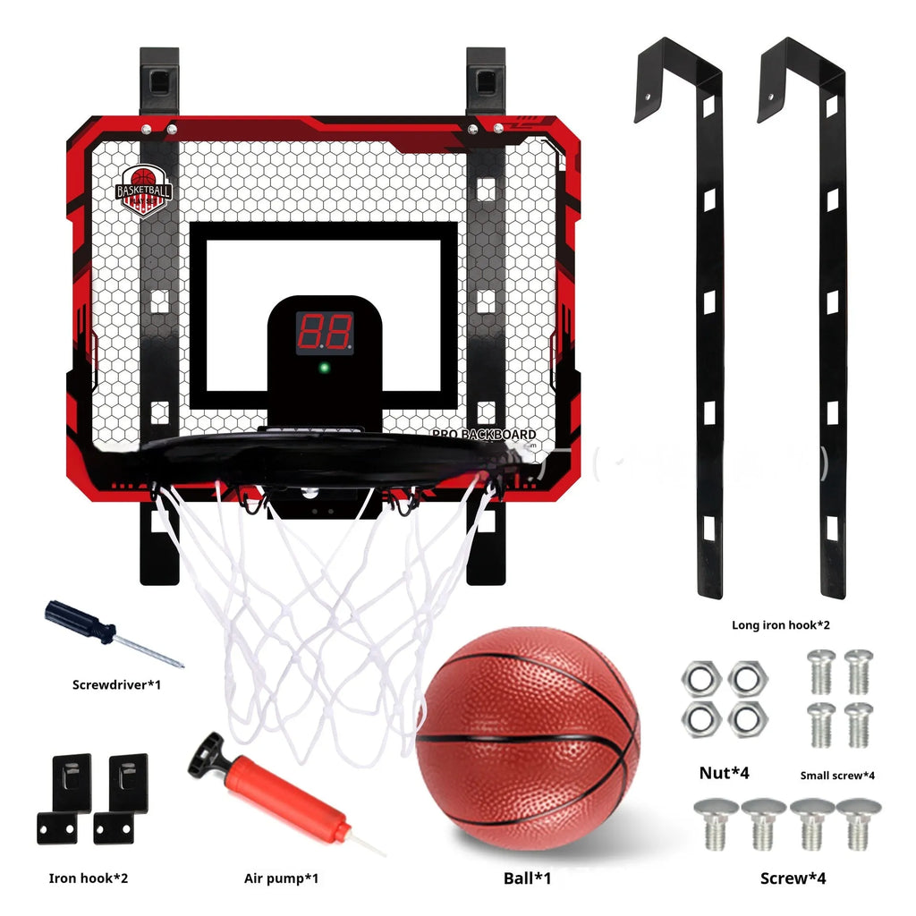 Red and blue folding basketball frame with dunking hoop and ball storage rack, shown with suction cups and hook.