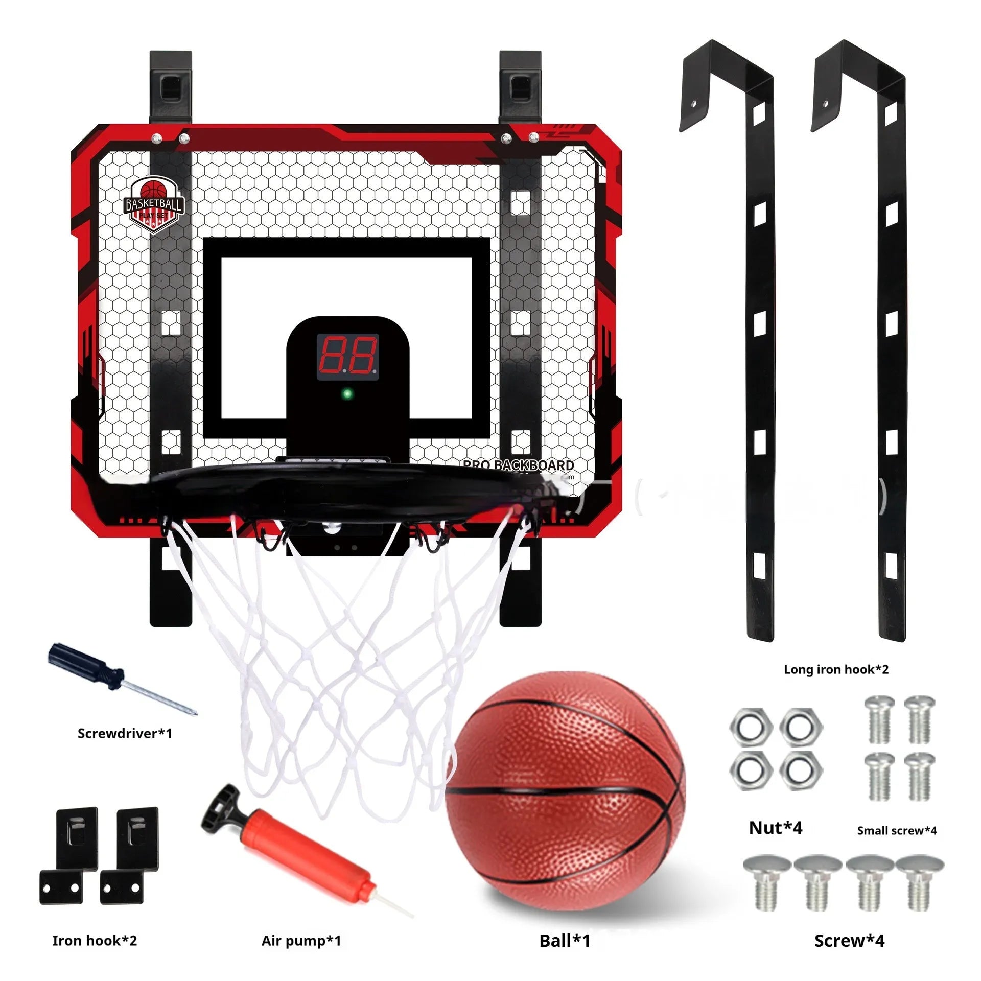 Red and blue folding basketball frame with dunking hoop and ball storage rack, shown with suction cups and hook.