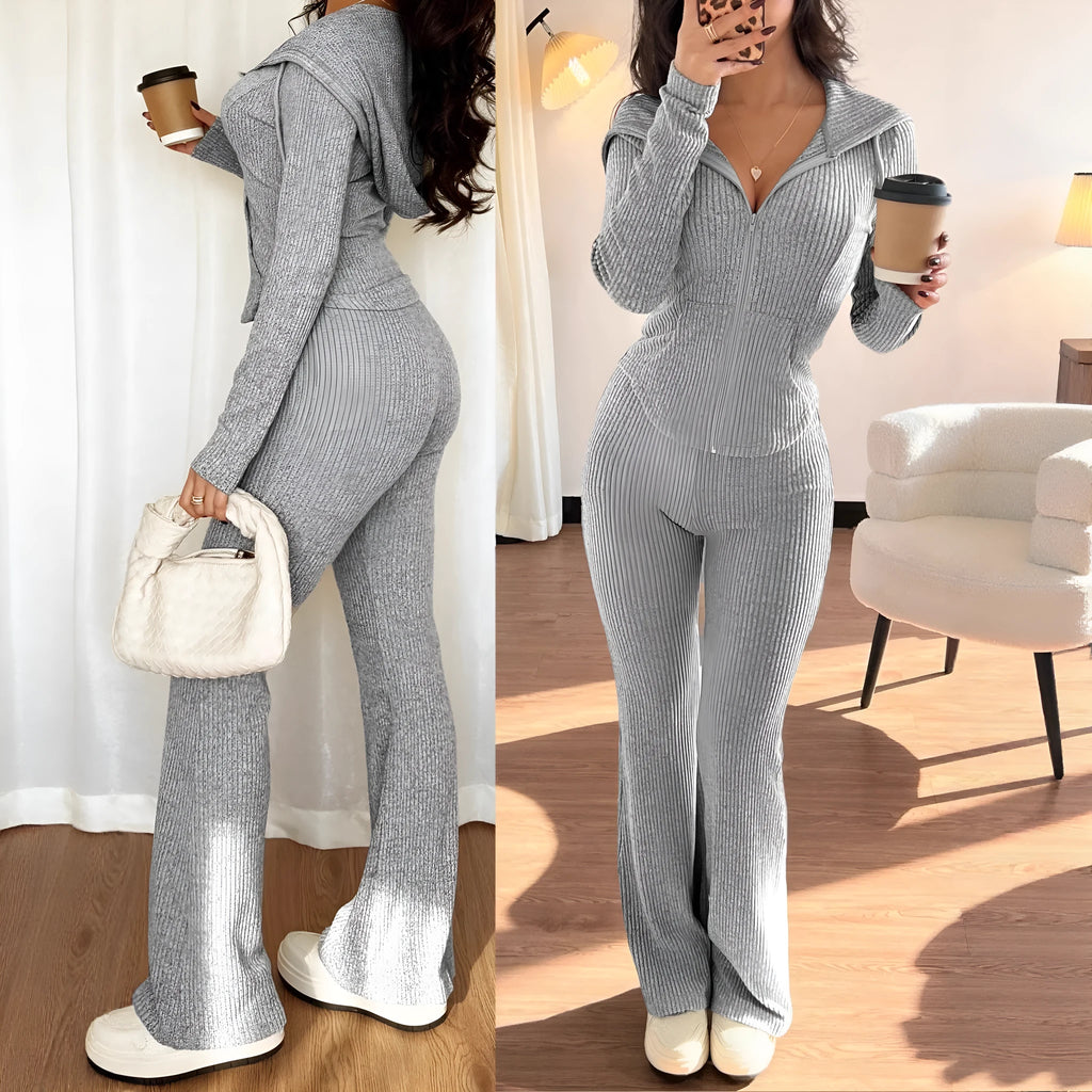 Women's long sleeve hooded tracksuit set with zip top and matching trousers in solid colour rib knit, wine red light grey apricot dark grey.