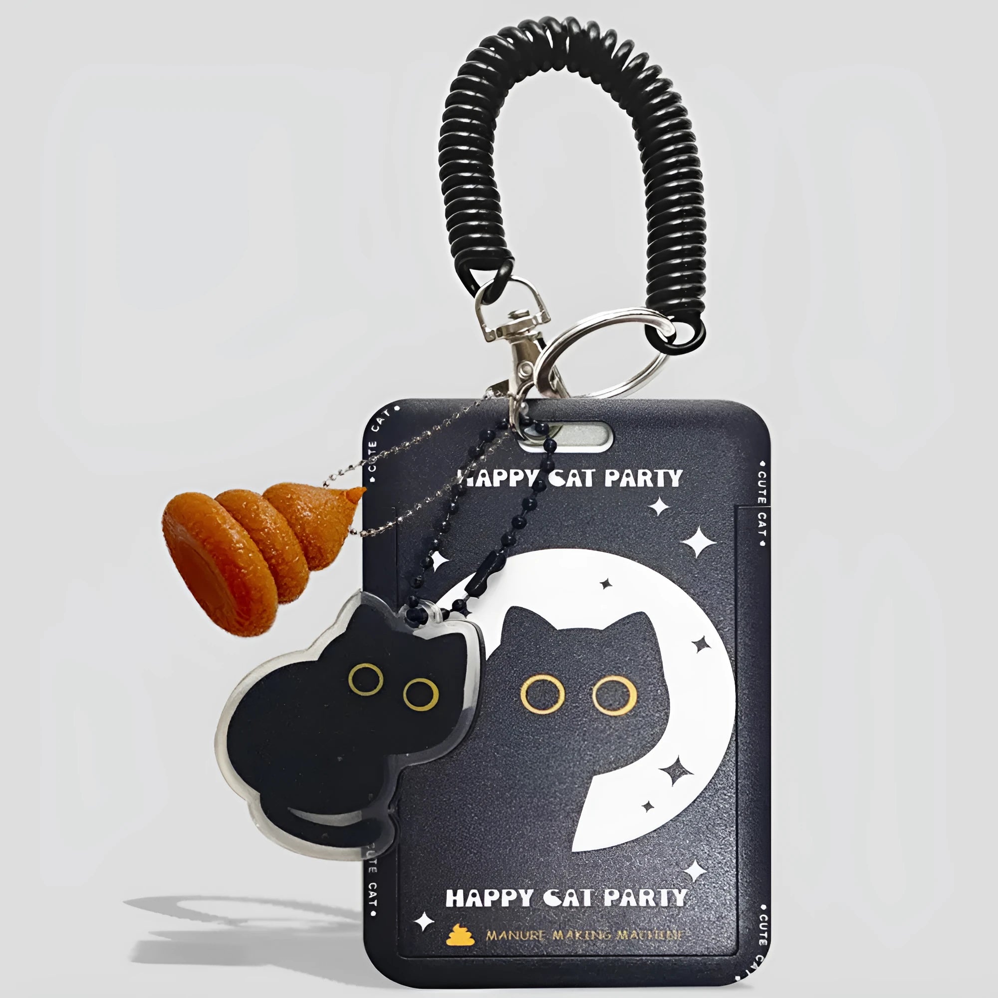Cute little black cat cartoon design on a portable plastic card holder with ferrule pendant.