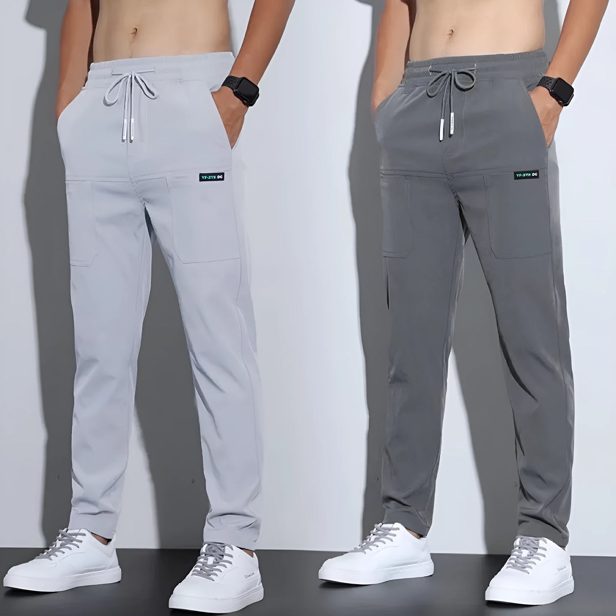 Men's ice silk straight leg high waist trousers in black, dark grey, or light grey, sizes M to 5XL.