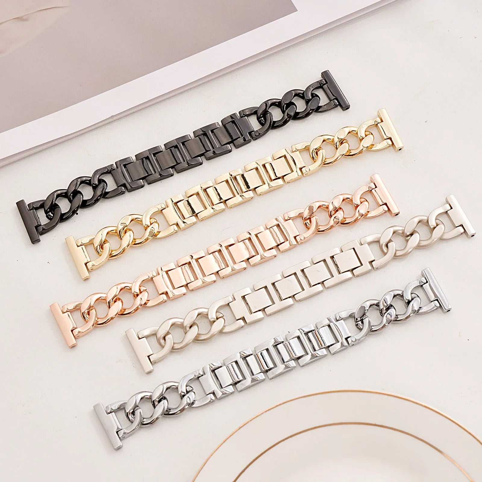 Denim-style metal chain watch strap for Apple Watch in silver, black, gold, rose gold, and starlight colours