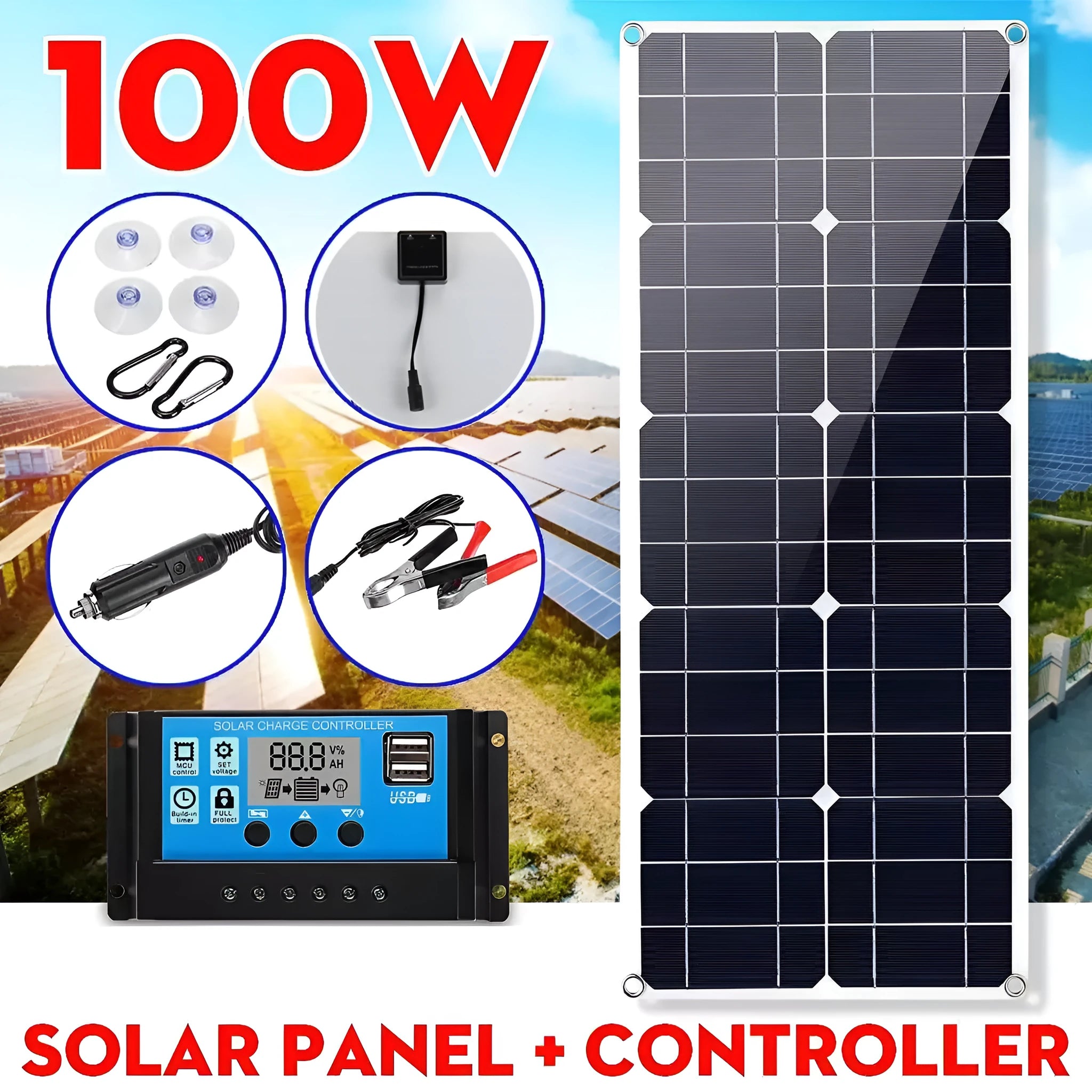 30W semi-flexible solar panel with USB and DC charging ports for outdoor use.