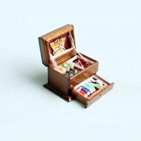 European style miniature wooden sewing kit box with double layer birch wood construction
