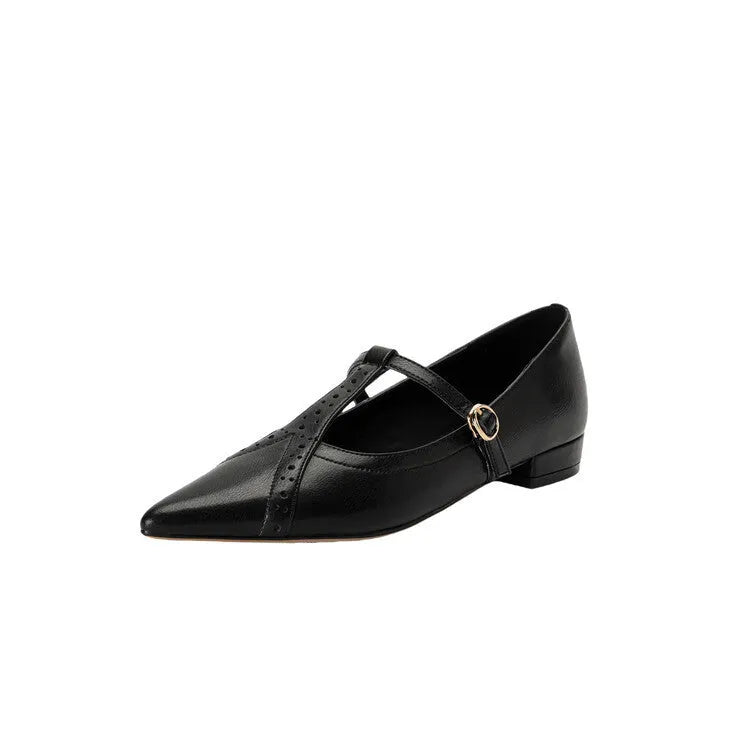 Women's brown pointed toe flat shoes with cowhide leather upper and soft bottom