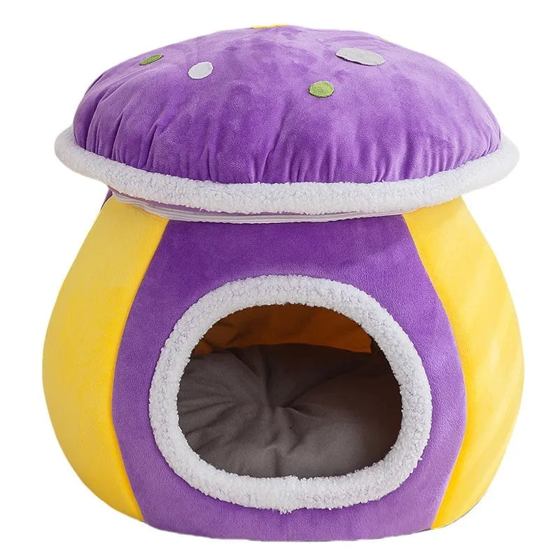 Grey mushroom-shaped plush cat bed on a wooden floor
