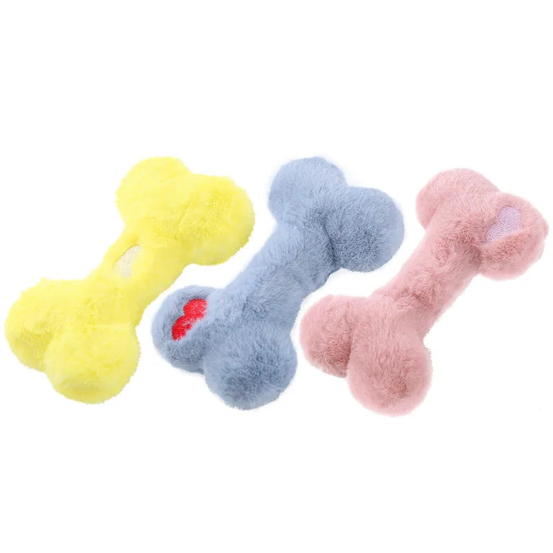 Blue bone-shaped plush dog toy with squeaker for interactive play and chewing.