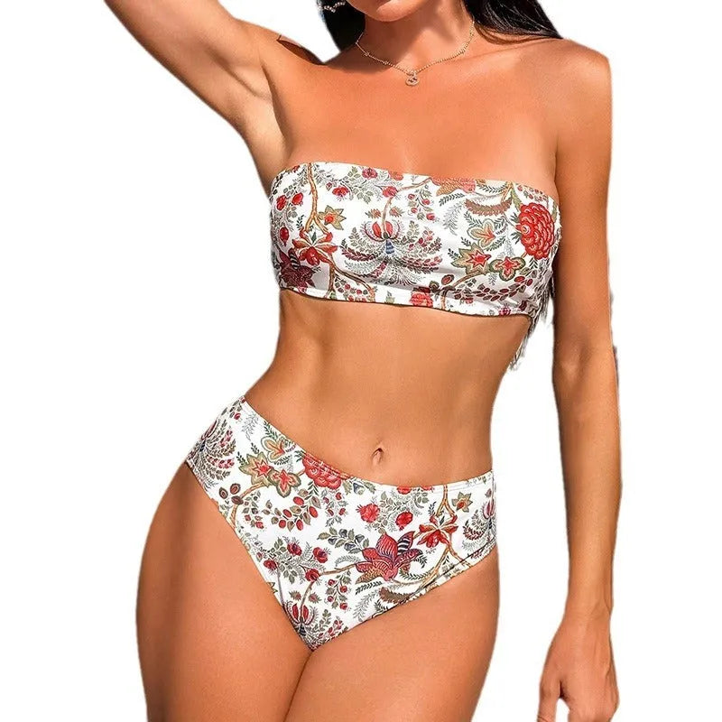 Women's printed bandeau swimsuit with triangle top and matching shorts for beach use