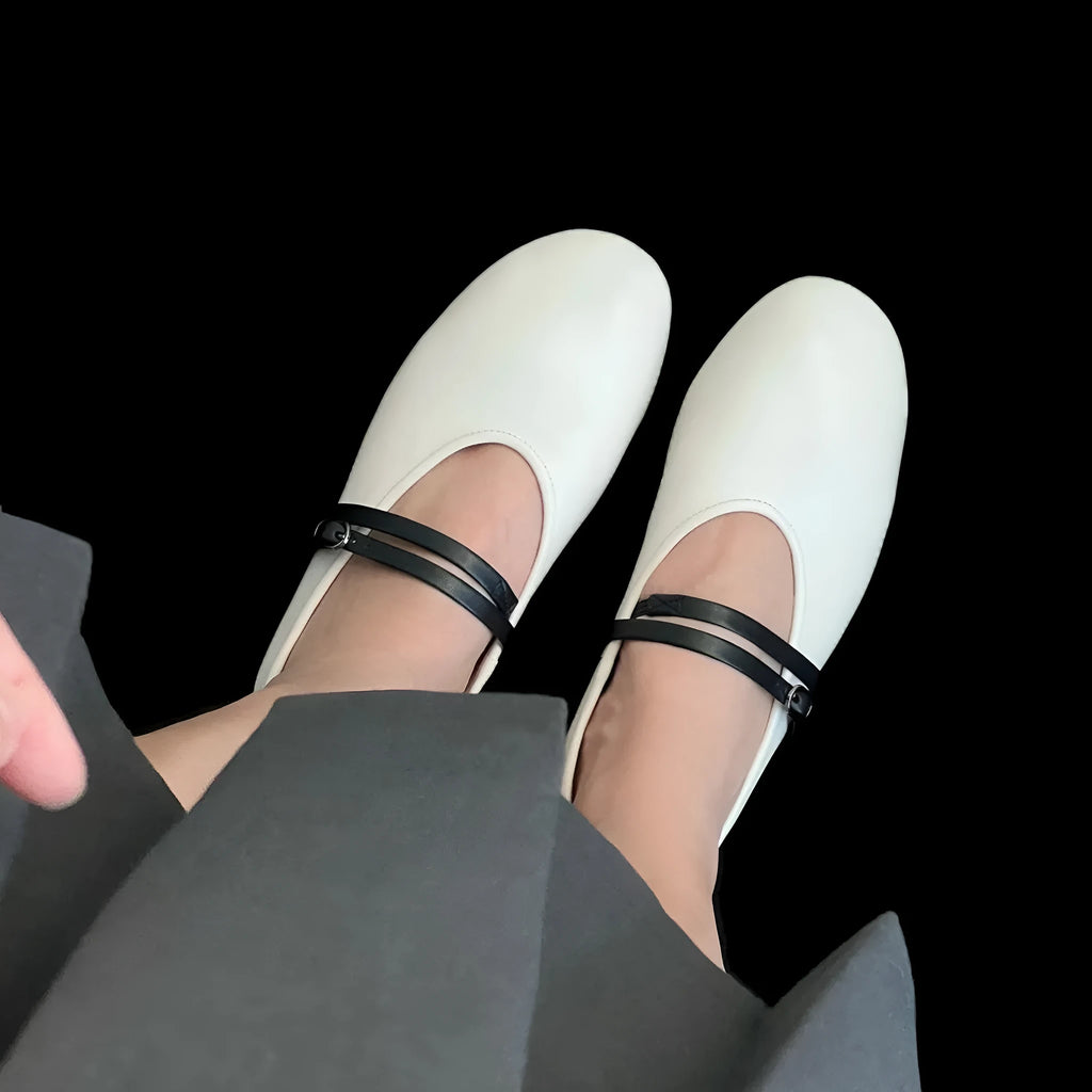Soft retro Mary Jane shoes round toe sheepskin leather buckle flat shoes black women