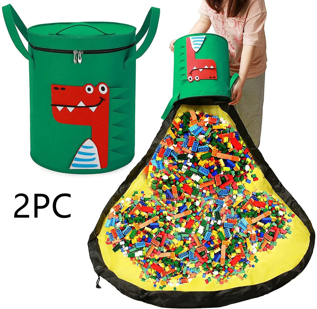 Green felt storage cube with pull rope converts to flat play mat for toy organisation