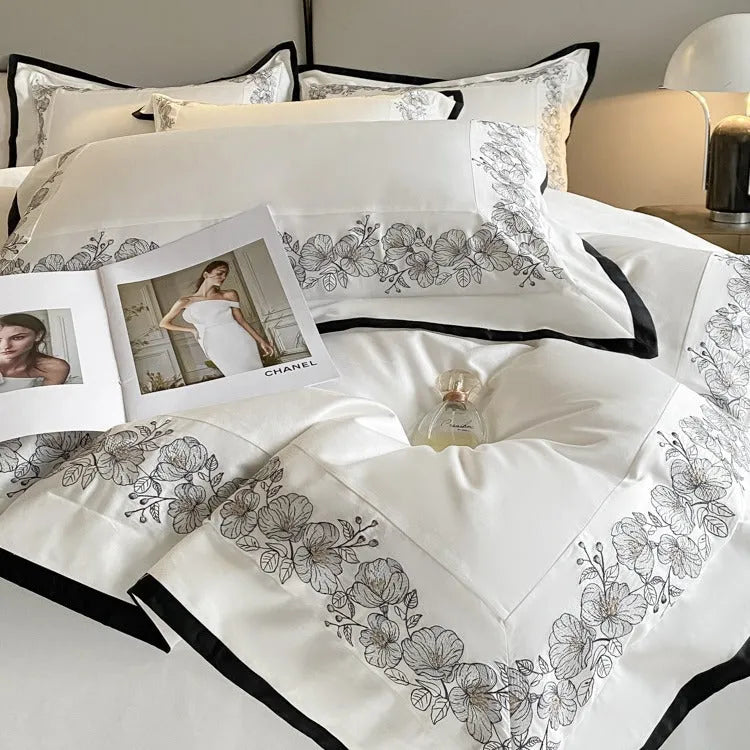 120 thread count long-staple cotton embroidered four-piece bedding set in grey, pink or white for 1.5 m or 1.8 m beds