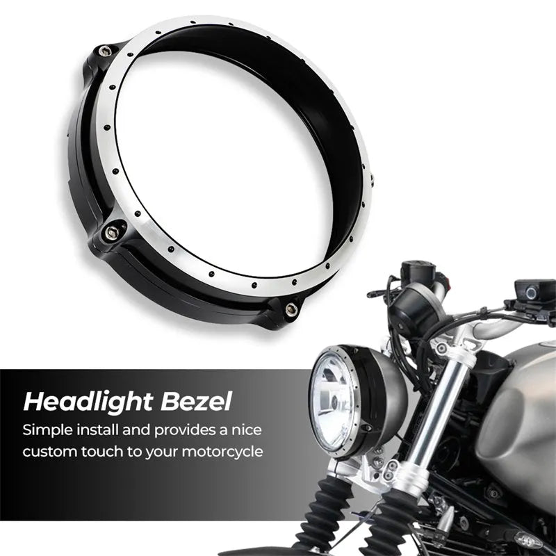 Black CNC aluminium headlight protective frame for BMW R Nine T Scrambler motorcycle.