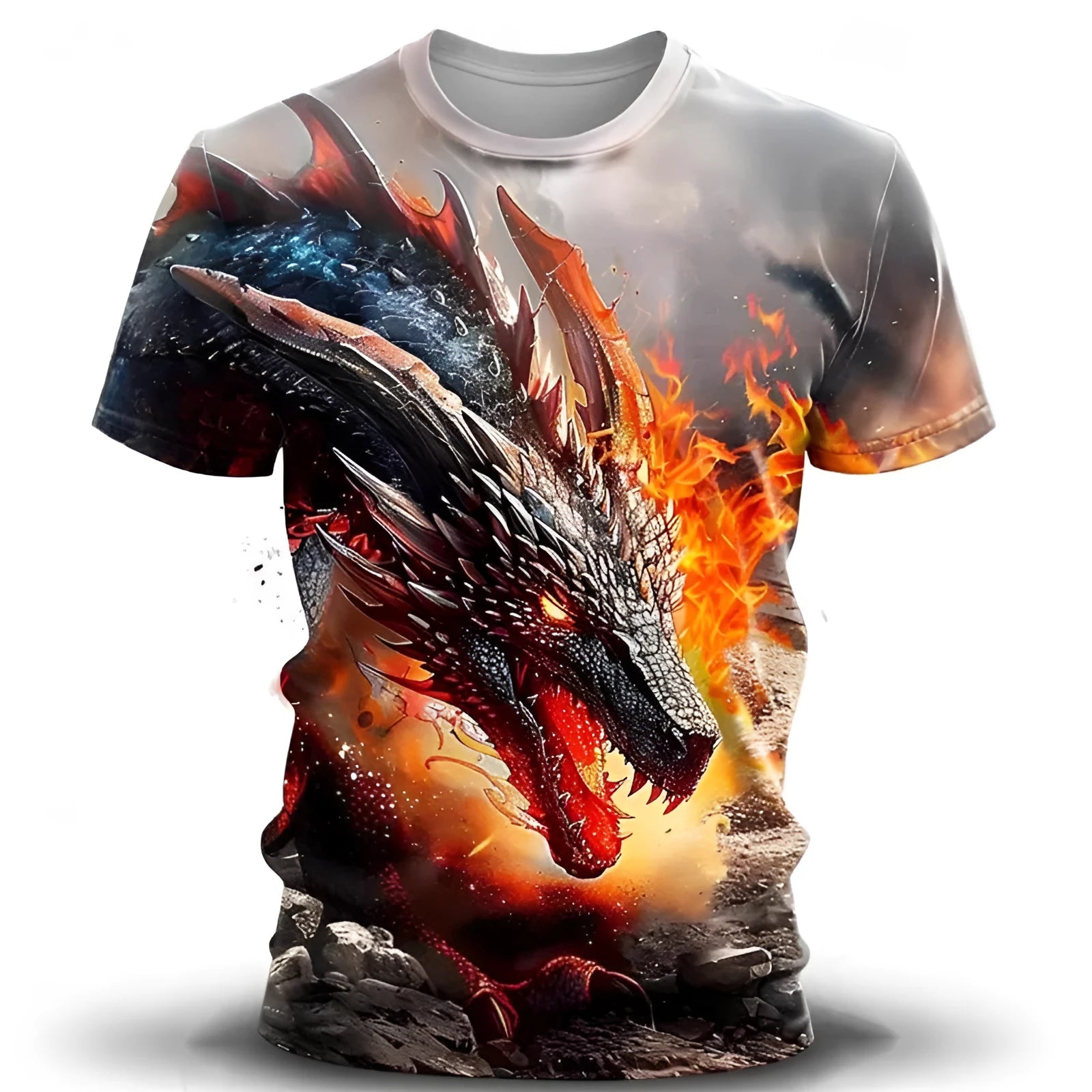 Men's black short-sleeved T-shirt with a large, detailed 3D wind dragon graphic print on the front.