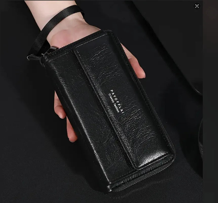Men's black PU leather long wallet with multiple card slots, shown next to a brown version.